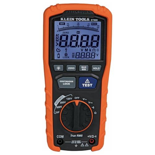 Klein Tools ET600 Multimeter, Megohmmeter Insulation Tester, 4000 Ohms Resistance, 125V/250V/500V/1000V, Auto-Ranging TRMS Multimeter