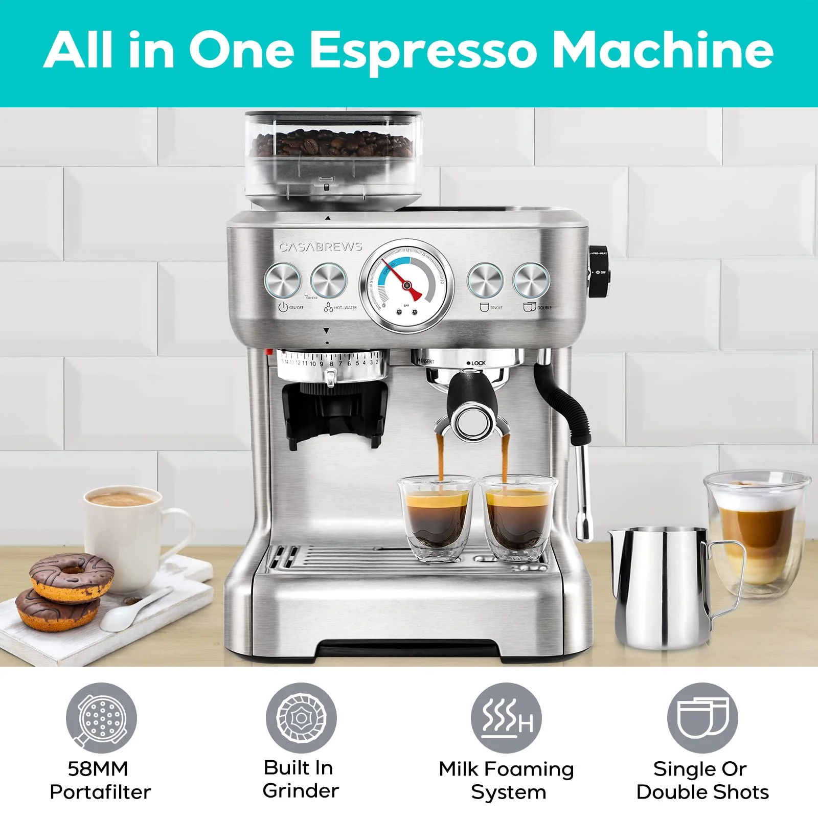Casabrews 20 Bar Espresso Machine with Milk Frother Steam Wand, Cappuccino Machine with Grinder, Silver