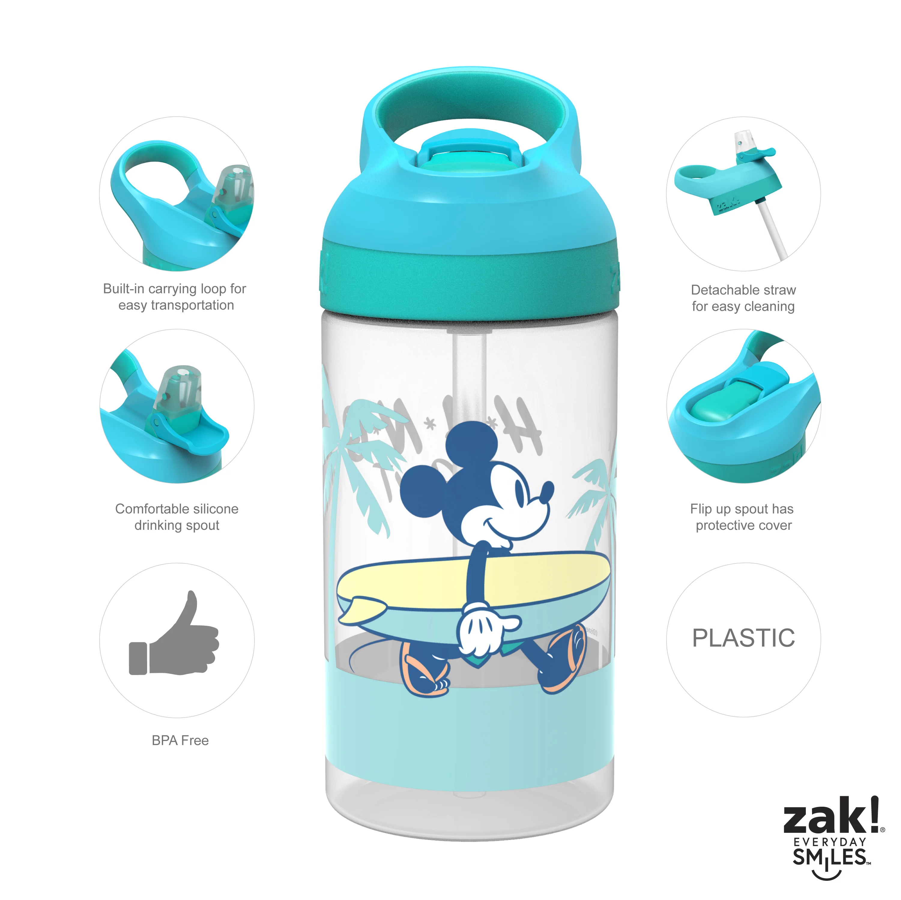 Zak Designs 2pc 16 oz Disney Kids Water Bottle Plastic with Flip Straw Spout Cover and Carry Handle, Disney Mickey Mouse Street Beach