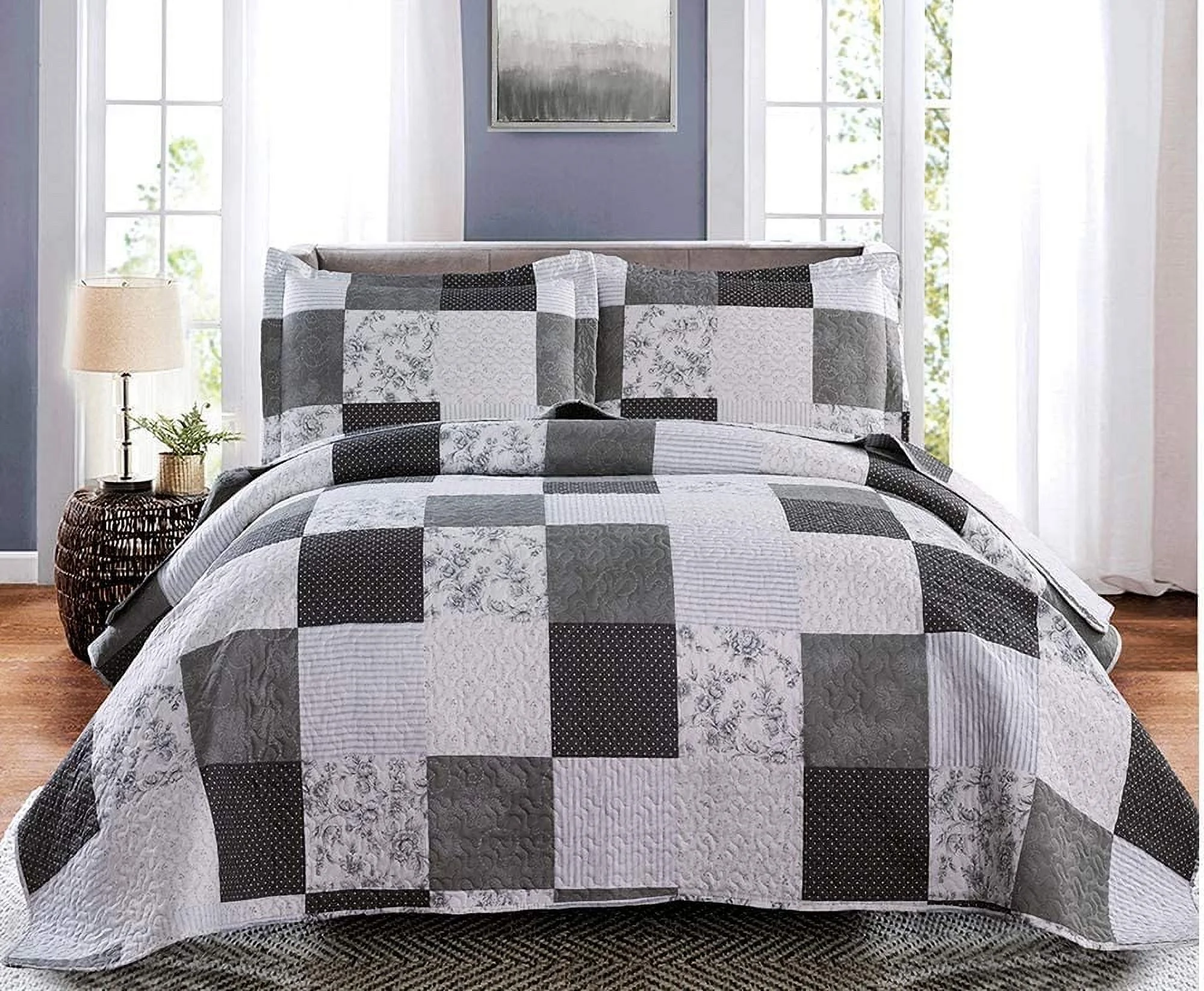 Jessy Home Quilt Set Queen/Full Size Floral Bedspread Coverlet Black White Grey Plaid Patchwork Quilt Microfiber All Season Bedding