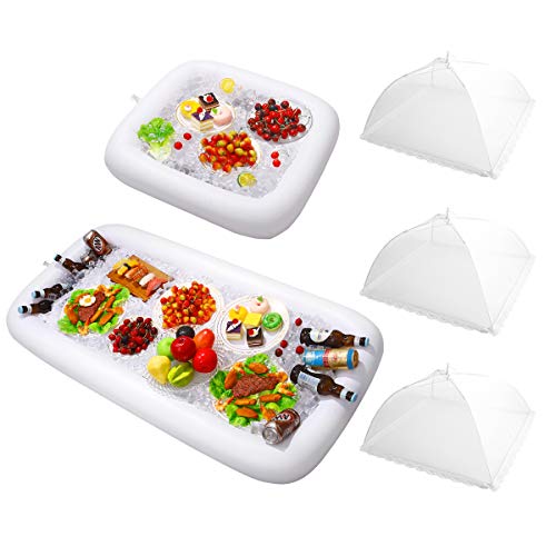 2PCS Inflatable Serving Bars with Drain Plug - Food Drink Salad Buffet Tray with Mesh Food Cover for Indoor and Outdoor Party Pool Picnic Luau