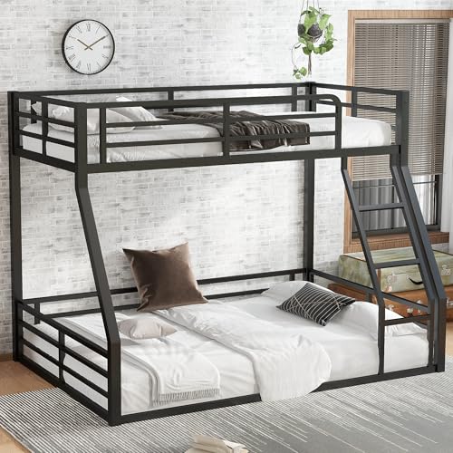 Heavy Duty Bunk Bed Frame with Ladder, Twin XL Over Twin XL Bunk Beds with Safety Guardrails, Adults Bunk Beds with Noise-Reducing Rubber Stoppers, Easy Assemble, Black