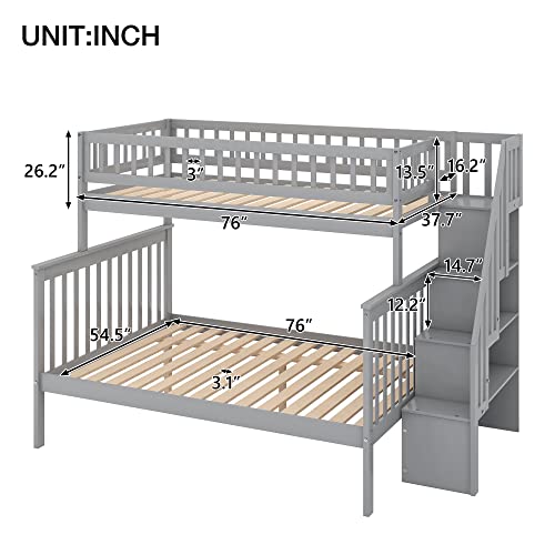 Harper & Bright Designs Bunk Beds Twin Over Full Size, Bunk Bed with Trundle,Storage Shelf and Stairway,Wood Bunk Beds with Full-Length Guard Rail for Kids and Teenagers,No Box Spring Needed, Grey