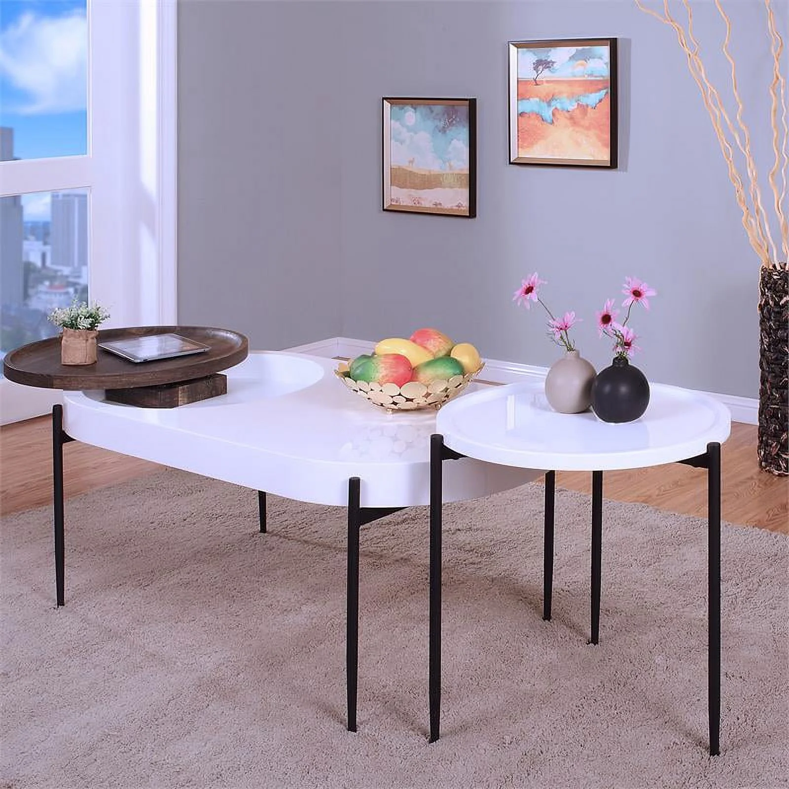 Furniture of America Hylen Metal 2-Piece Coffee Table Set in White