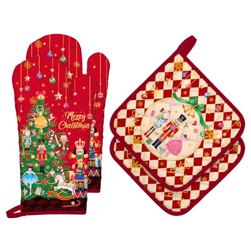 Christmas Santa Snowman Oven Mitts and Pot Holders Sets 4Pcs, 100% Cotton Heat Resistant, Extra Long Oven Gloves Potholder for Kitchen Cooking Baking Decoration