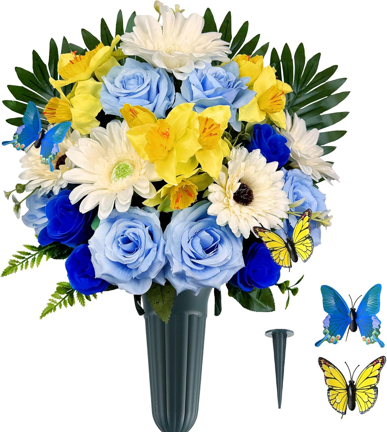 Artificial Cemetery Flowers for Grave,Long-Lasting Bright Color, Graveyard Decoration-Rose Gerbera Daffodil - Headstone Vase and 2 Butterflies Included，Blue/White/Yellow