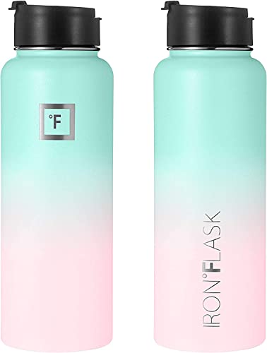 IRON °FLASK Camping & Hiking Hydration Flask with 3 Lids - Stainless Steel, Double Walled & Vacuum Insulated Water Bottle - Leak Proof & BPA Free (Midnight Black, Straw - 40 oz)
