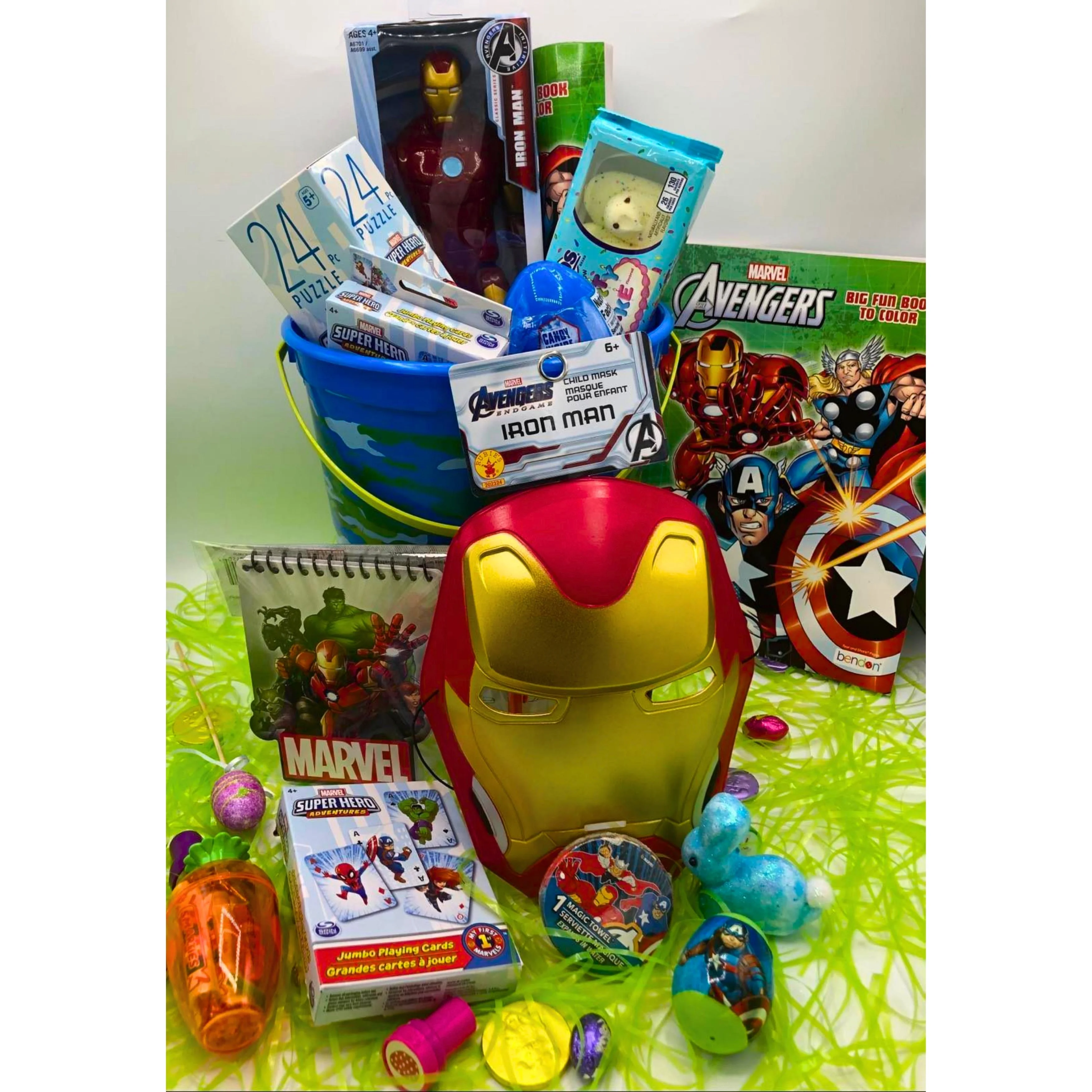 Iron Man Superhero Easter Basket, 12 in Ironman Figure, Child Mask, Puzzle, Coloring Book, Peeps, Ball, Candy for Kids, Boys, Girls ,Holiday, Birthday, Care Package (Contents Vary)