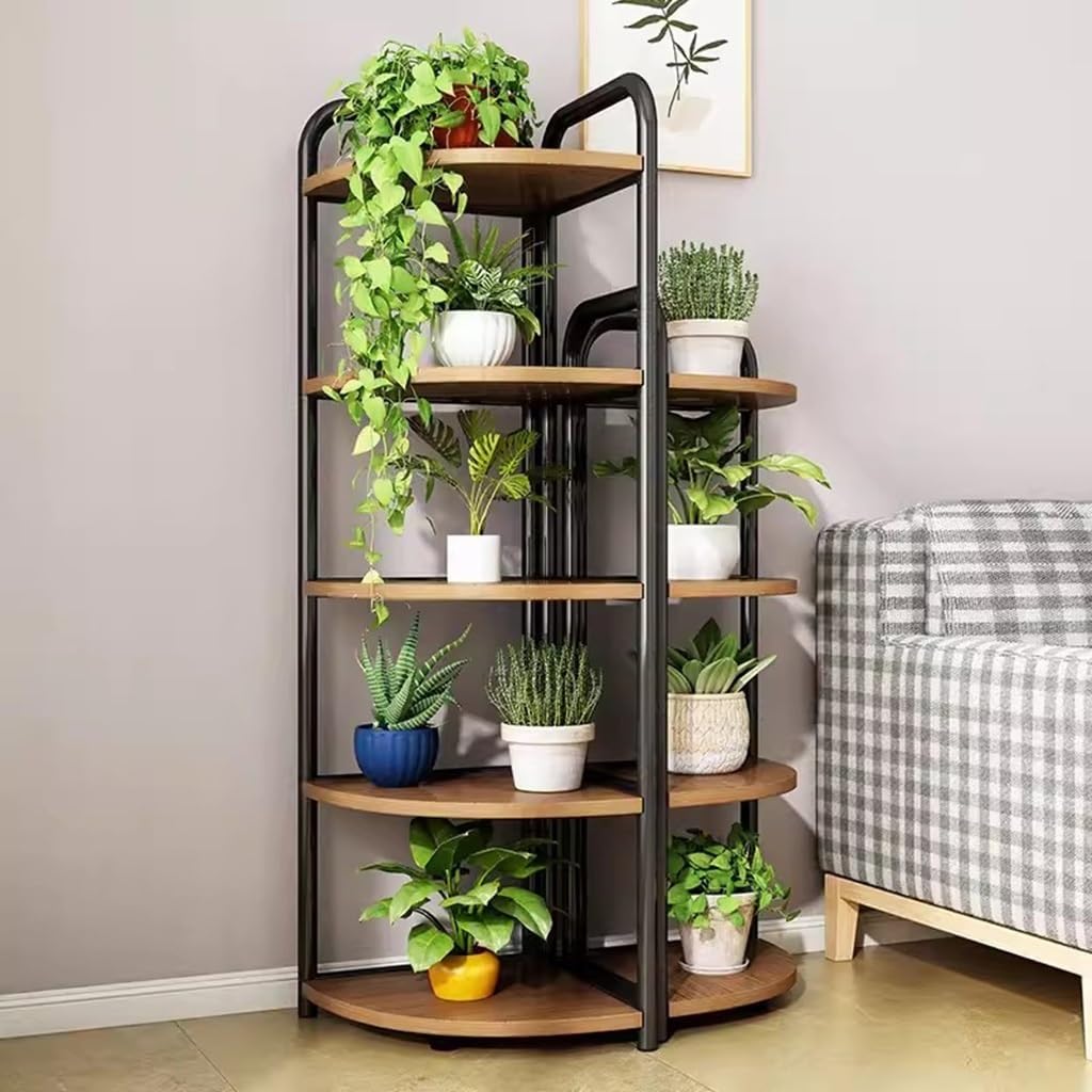 5 Tier Wood Plant Stand, Indoor Corner Metal Flower Rack, Multiple Flower Pot Holder Organizer for Home Garden Patio Bathroom Office Living Room Balcony