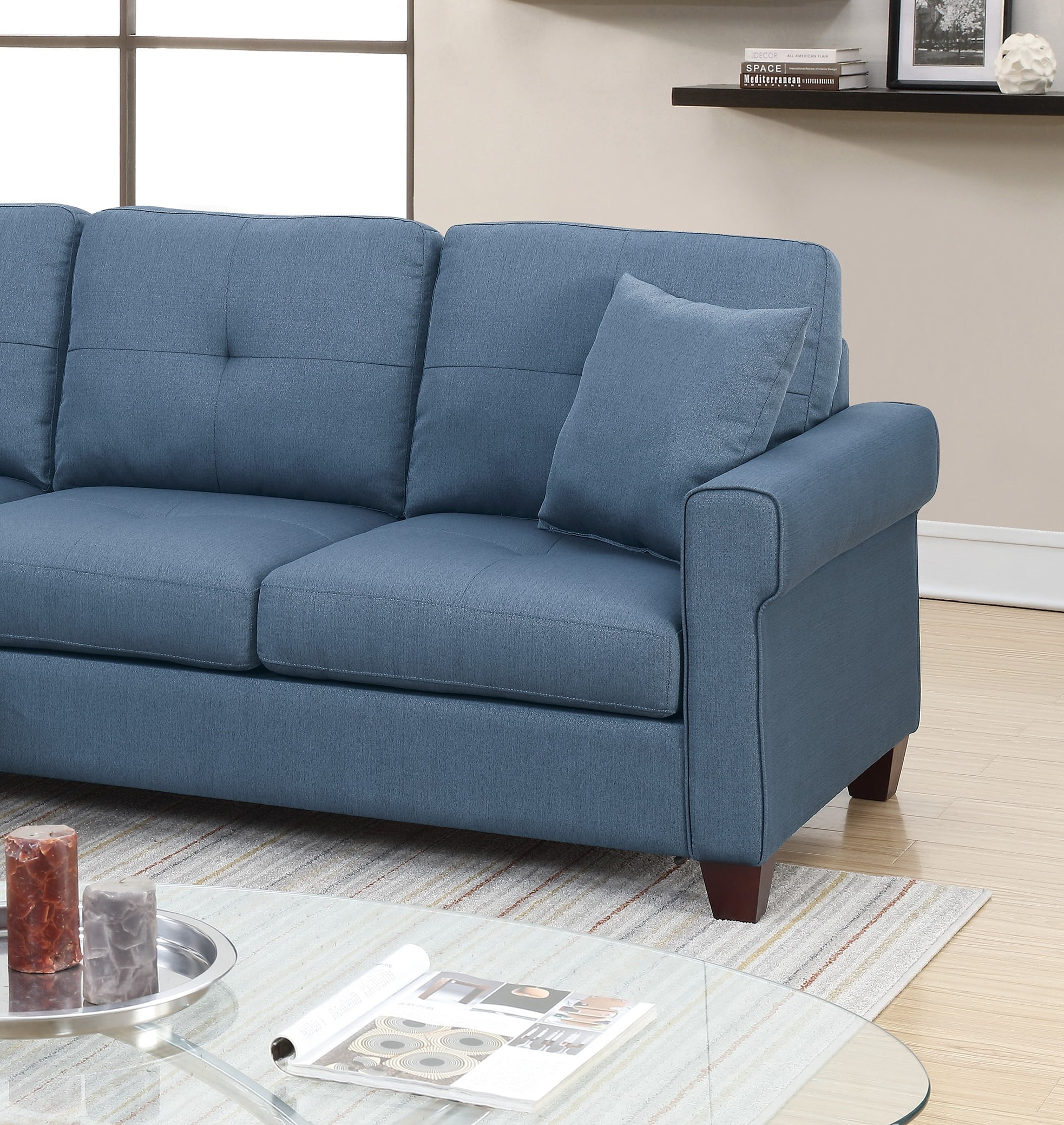 Modern Reversible Sectional Blue Glossy Polyfiber Classic Tufted Couch Sofa Chaise Pillows Living Room Furniture
