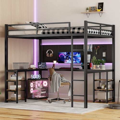 Admmixoo Full Size Loft Bed with L-Shaped Desk and USB, Sturdy Metal Loft Bed with Wardrobe and Adjustable Shelf with LED for Kids, Teens, Adults (Black-A, Full)