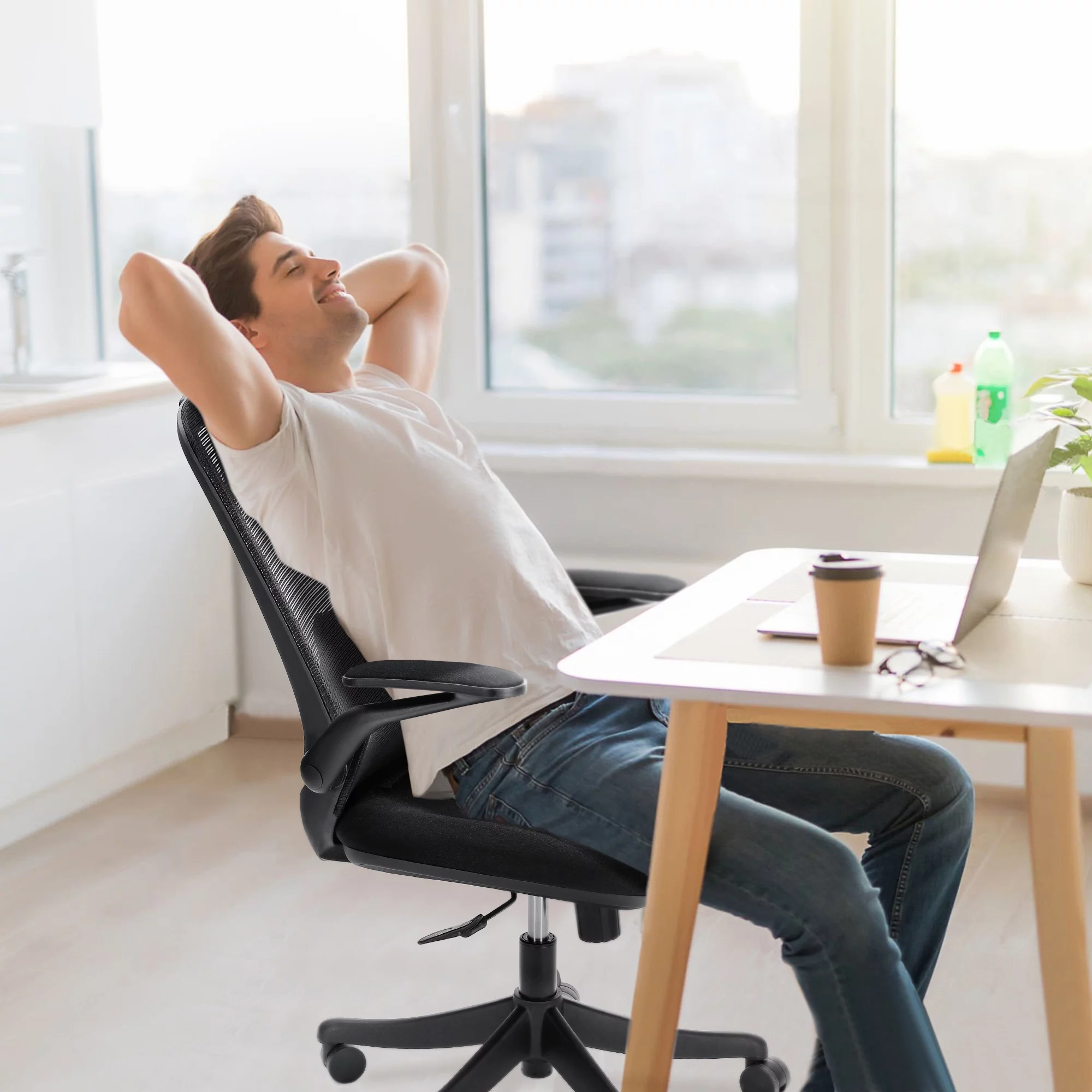 Famistar Office Chair, Ergonomic Mesh Office Chair with 90° Flip-Up Arms Adjustable Headrest, Lumbar Support and PU Wheels, 360° Swivel Computer Task Chair Black