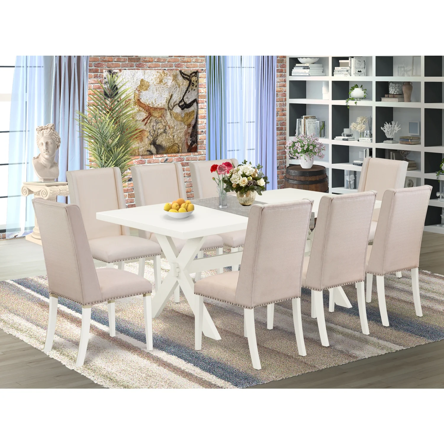 Maykoosh Asian Allure - 9-Piece Modern Dining Table Set - 8 Parsons Dining Room Chairs And Rectangular Table Hardwood Structure