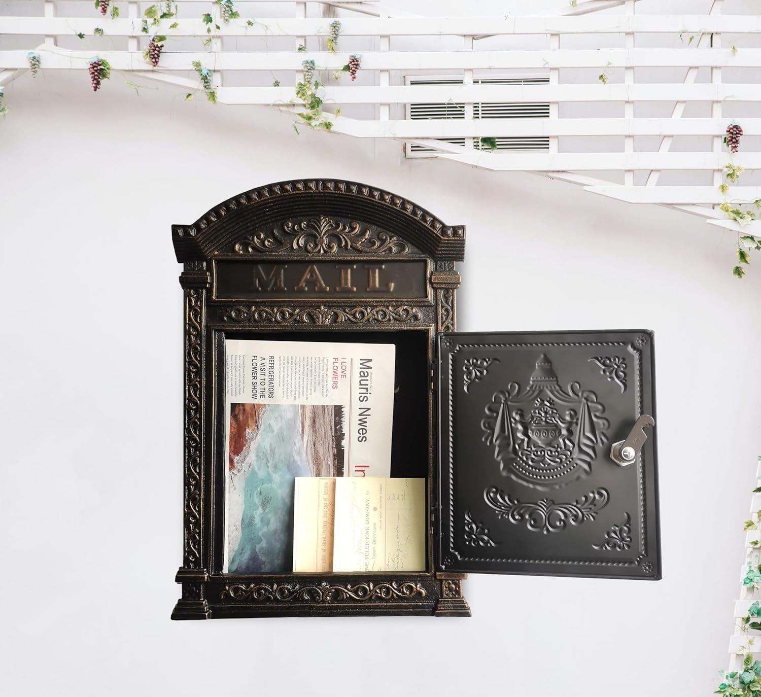 Decorative Lock Mailbox Outdoor - Metal Wall-Mounted Mailbox - Vintage Cast Iron Locking Mailbox