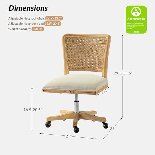 Modern Home Office Chair Comfortable Upholstered Armless Desk Chair, Adjustable Swivel Rolling Computer Chair with Rattan Mid-Back Support, Linen