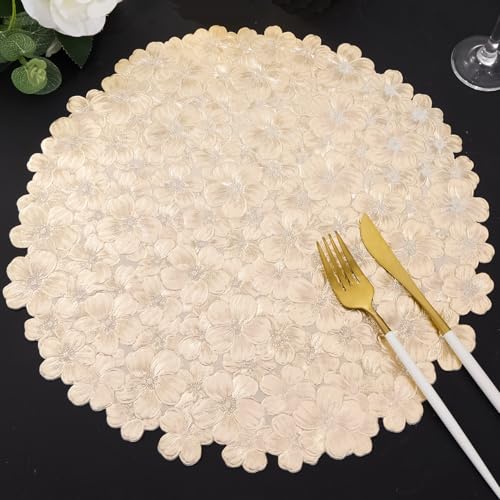 Leaf Gold Placemats Bulk Pressed Vinyl Place mats Washable and Wipeable Round Placemats Set of 6 Hollow Out Non-Slip Metallic Decorative Table Mats for Dining Table Kitchen Decor