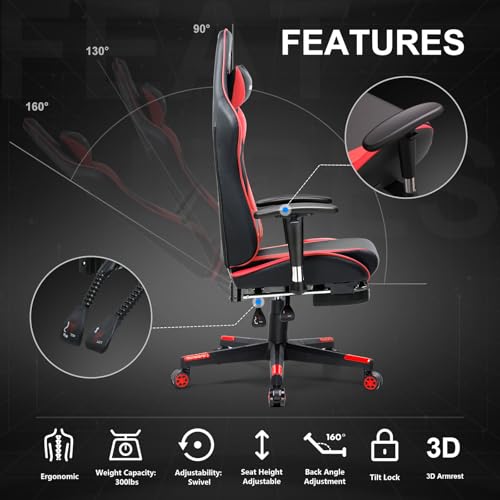 GTRACING Gaming Chair with Footrest, Ergonomic Computer Game Desk Chair, Recline Gaming Chair Seat Height Adjustment, Swivel Rocker with Headrest and Lumbar (Blue)