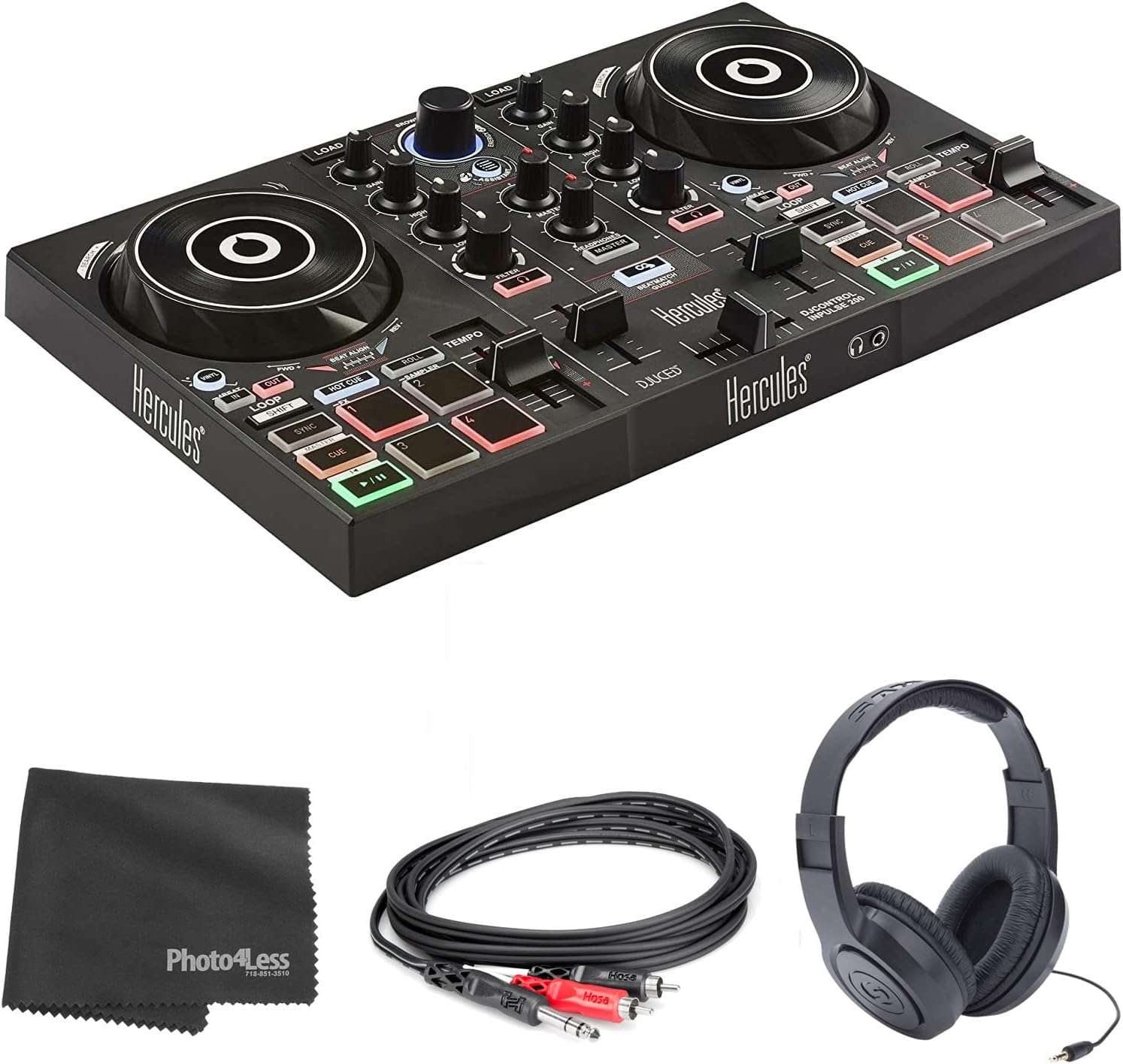 Hercules DJ Control Inpulse 200 | Portable USB DJ Controller with Beatmatch Guide with Over-Ear Stereo Headphones and Hosa TRS Cable + Cleaning Cloth
