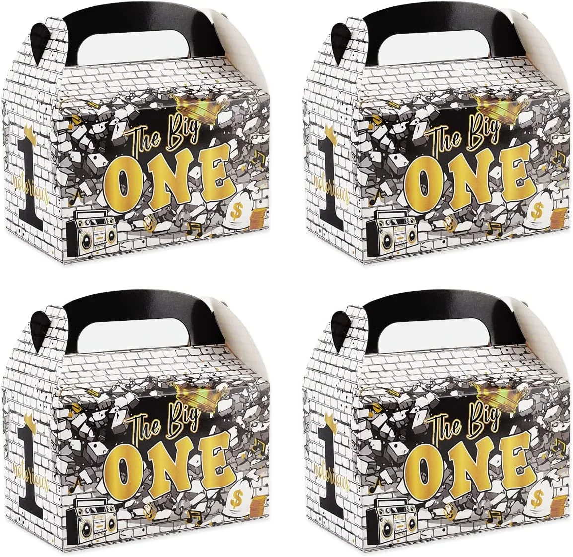 24pcs The Notorious One Birthday Decorations, Black Gold 1st Birthday Party Favors Treat Boxes with Handle, Hip Hop Theme Big One First Birthday Candy Gift Boxes for Boy