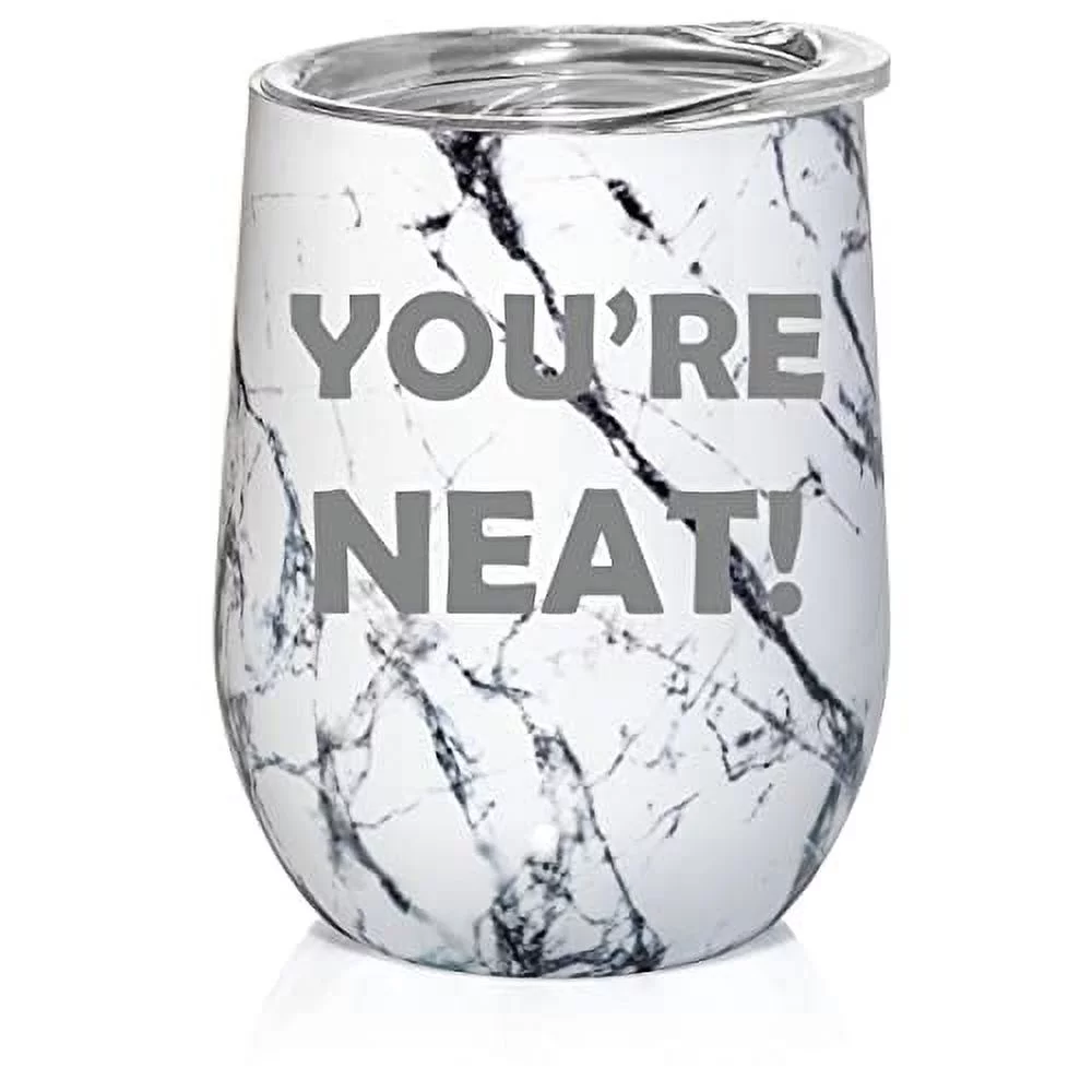12 oz Double Wall Vacuum Insulated Stainless Steel Stemless Wine Tumbler Glass Coffee Travel Mug With Lid You're Neat Alcohol Bourbon Gin Whiskey Pun Funny (Black White Marble)