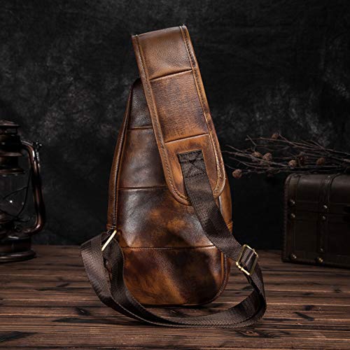 Le'aokuu Men Fashion Casual Tea Designer Travel Hiking Crossbody Chest Sling Bag Rig One Shoulder Strap Bag Men Leather 8015