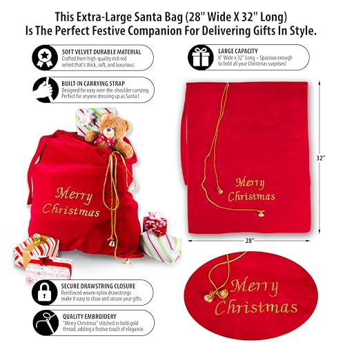 Big Red Velvet Santa Claus Christmas Bag 28 x 32 Inches - Santa Sacks Drawstring Large Christmas Bags for Gifts - Large Xmas Gift Bag for Indoor Decoration and Gift Wrap for Kids Stocking Stuffers