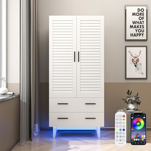 3 Door Armoire Wardrobe Closet Cabinet with Drawers and LED Lights, Multi-Tier Shelves, Hanging Rod & 3 Louver Doors, Large Capacity Storage Wardrobe Armoire for Bedroom, White