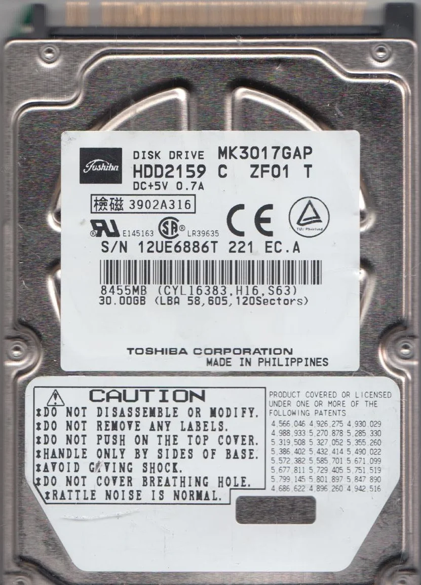 MK3017GAP, A0/A0.02H, HDD2159 C ZF01 T, Toshiba 30GB IDE 2.5 Hard Drive