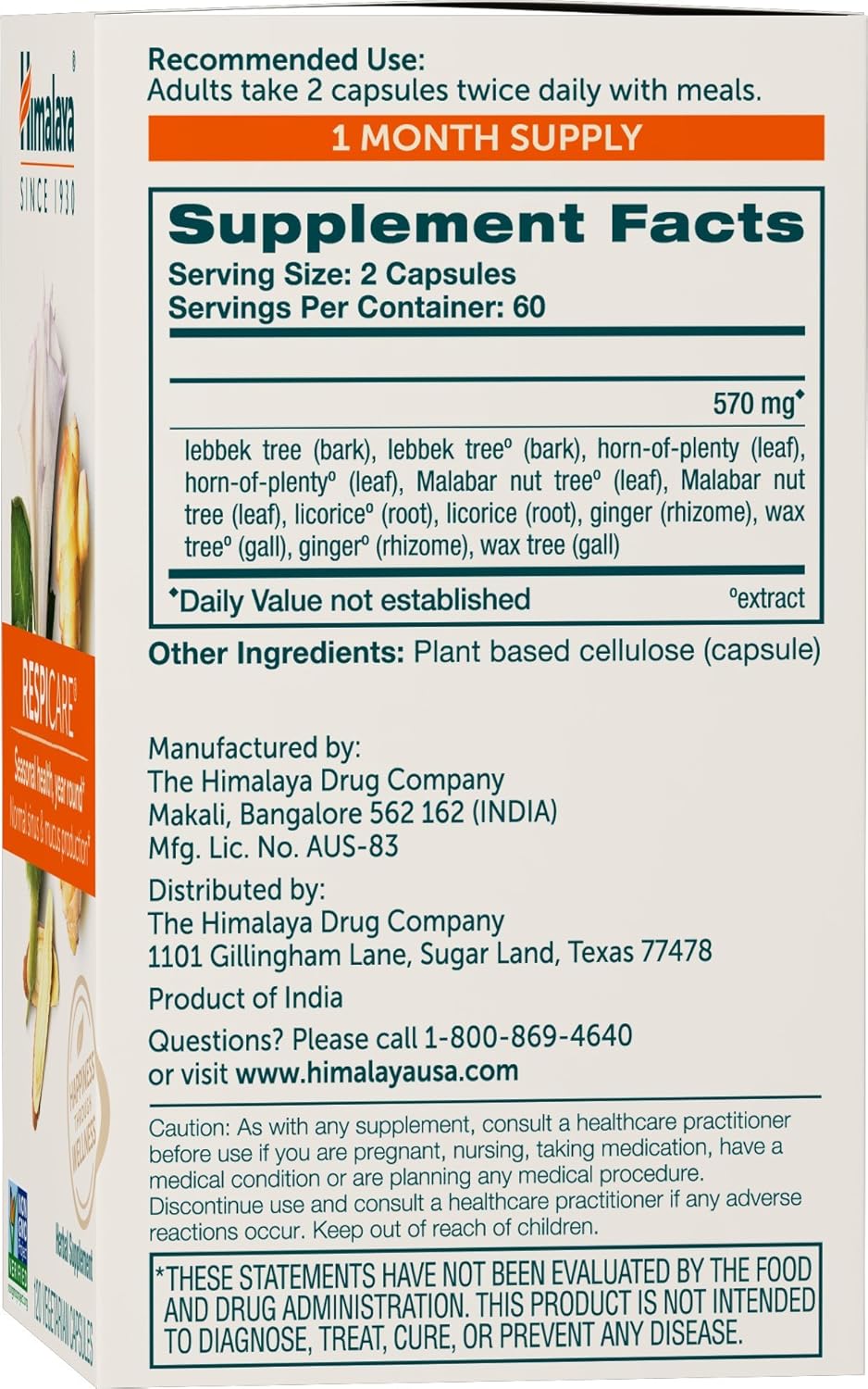 Himalaya RespiCare for Healthy Breathing and Sinus Support, 570mg, 120 Vegetarian Capsules, 1 Month Supply
