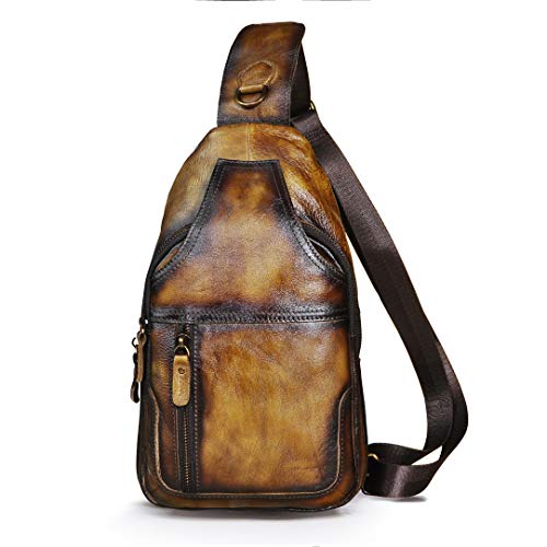 Le'aokuu Men Fashion Casual Tea Designer Travel Hiking Crossbody Chest Sling Bag Rig One Shoulder Strap Bag Men Leather 8015