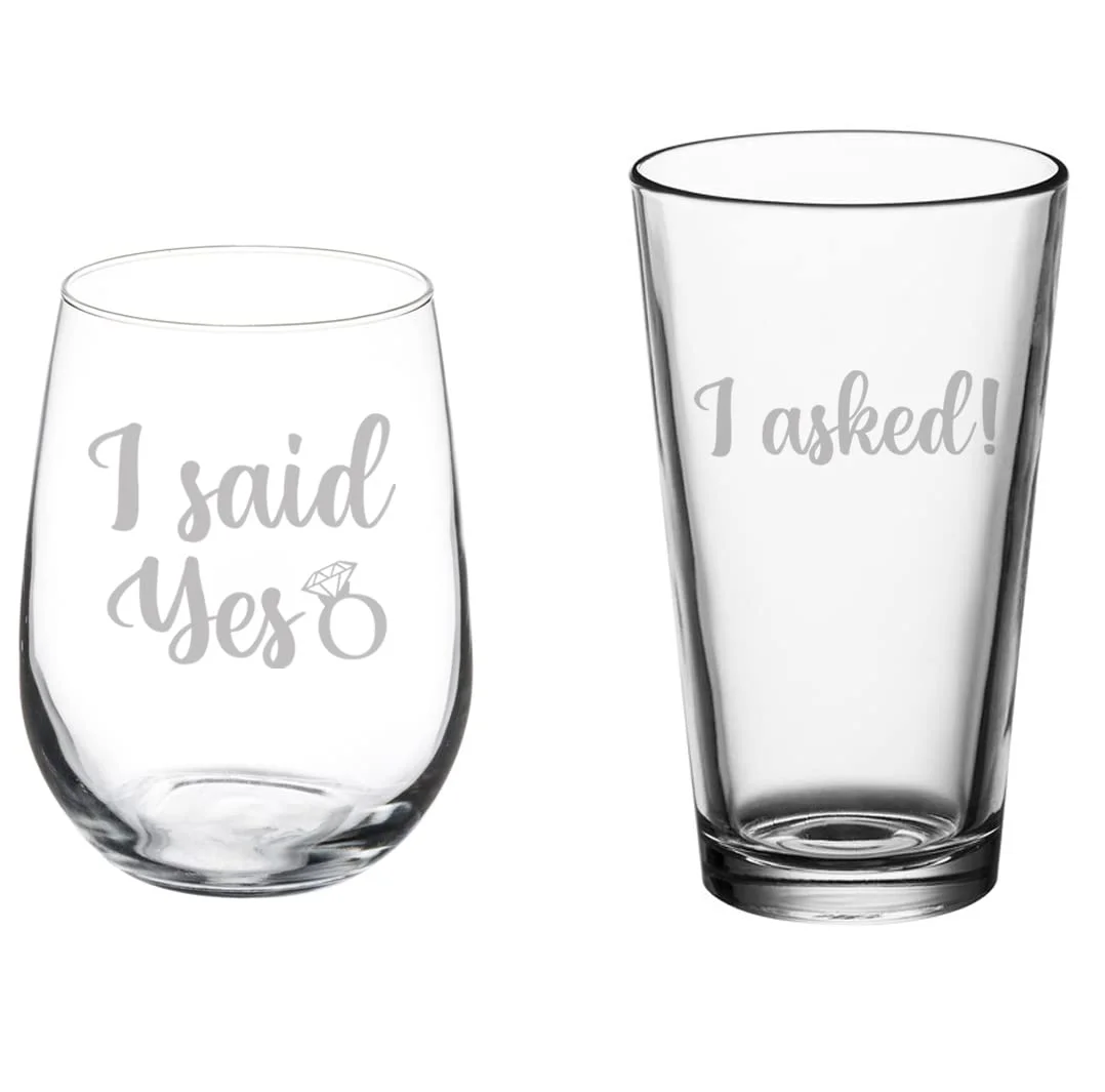 Set of 2 Glasses Stemless WINE & Beer PINT Glass Gift I Asked I Said Yes Engagement