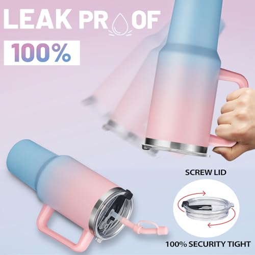 40 oz Tumbler with Handle and Straw Spout Lid - 100% Leak-proof Travel Coffee Cup, BPA Free Metal Mug, Vacuum Insulated Water Bottle- (Cold-34H & Hot-10H), Straw Cover, Silicone Boot