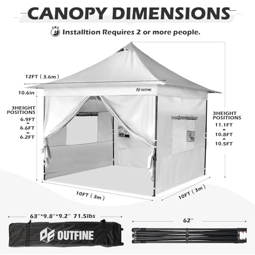 OUTFINE Heavy Duty Canopy 10x10 Pop Up Commercial Canopy Tent with 3 Side Walls Instant Shade, Bonus Upgrade Roller Bag, 4 Weight Bags, Stakes and Ropes (White, 10 * 10FT)