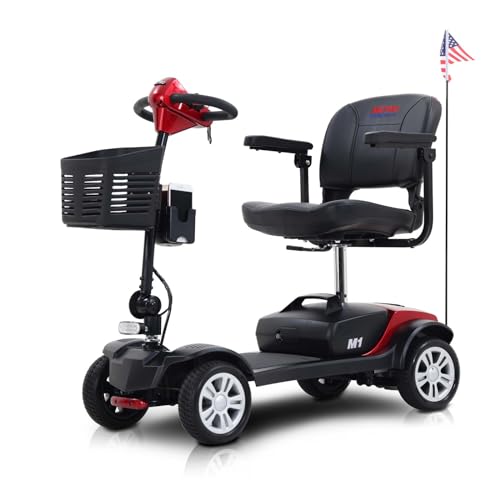 Outdoor Compact Mobility Scooter for Seniors, Foldable Electric Powered Mobile Wheelchair with Basket & Cup Holder 300 LBS Max Weight, Collapsible & Compact for Travel with Family (Red)