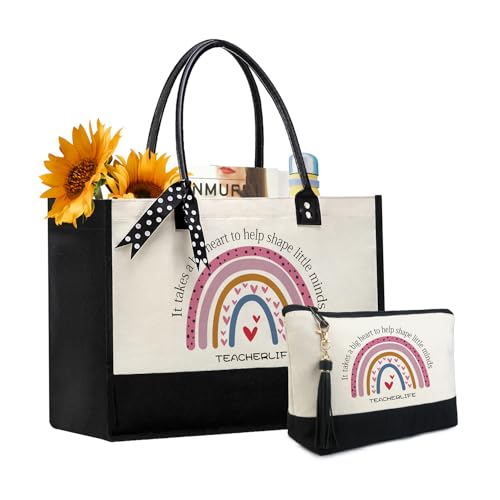 BeeGreen Mother's Day Gifts Personalized Women's Large White and Black Canvas Tote Bag, Embroidered Initials, Leather Handle, Zipper Closure