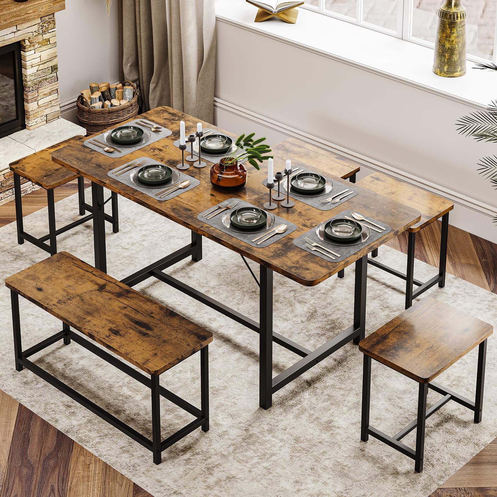 6-Piece Dining Table Set, Extendable Corner Kitchen Table with 1 Bench and 4 Square Stools, Brown