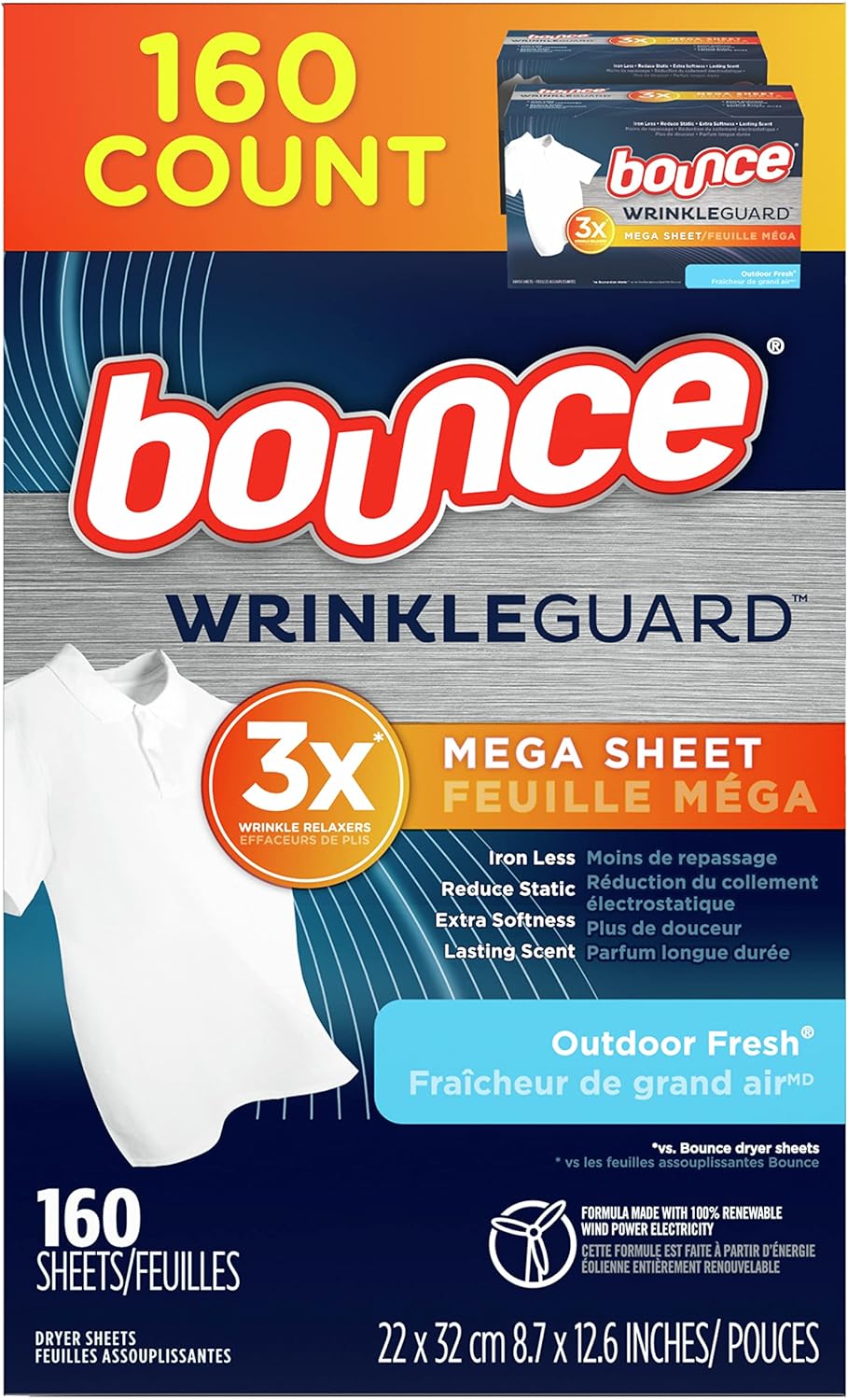 Bounce WrinkleGuard Mega Dryer Sheets, Fabric Softener and Wrinkle Releaser Sheets, Outdoor Fresh Scent, 160 count