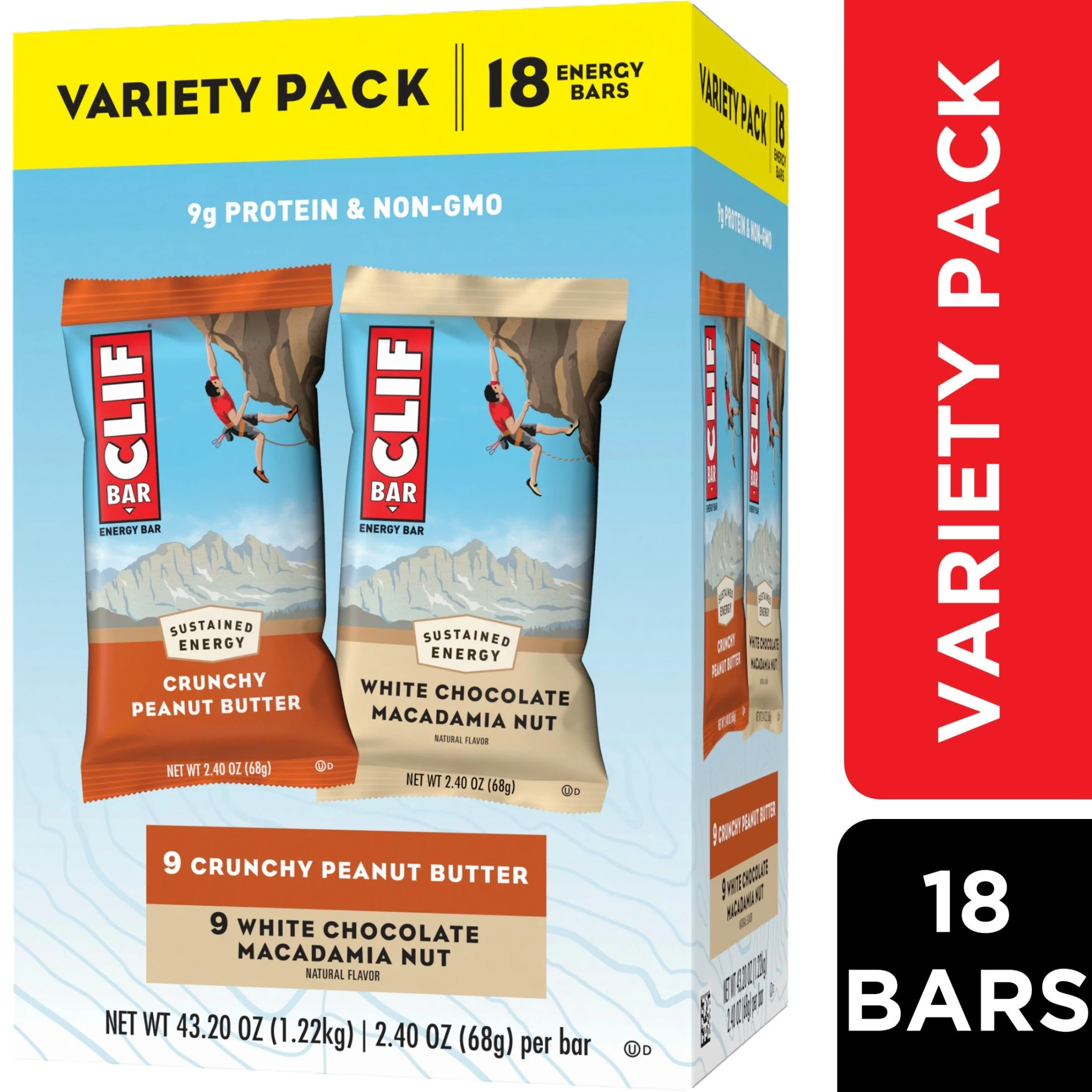 CLIF BAR - Crunchy Peanut Butter and White Chocolate Macadamia Nut Flavor - Variety Pack - Made with Organic Oats - 9-11g Protein - Non-GMO - Plant Based - Energy Bars - 2.4 oz. (18 Count)