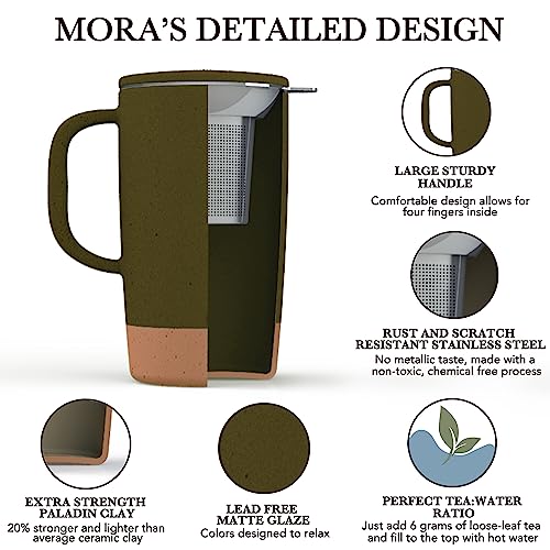 Mora Ceramics Large Tea Mug with Loose Leaf Infuser and Ceramic Lid, 18 oz, Portable, Microwave and Dishwasher Safe, Tall Coffee Cup - Rustic Matte Ceramic Glaze, Modern Herbal Tea Strainer, Cotton