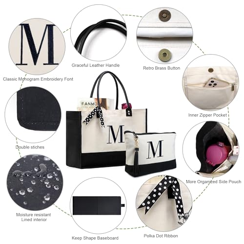 BeeGreen Mother's Day Gifts Personalized Women's Large White and Black Canvas Tote Bag, Embroidered Initials, Leather Handle, Zipper Closure