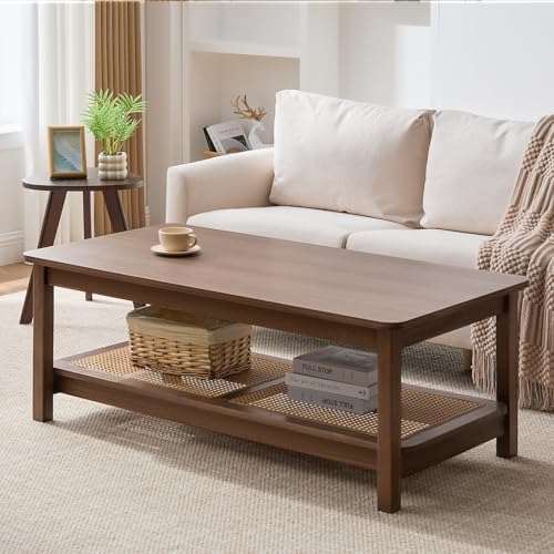 BECHAEO 47.2'' Boho Coffee Table with Solid Wood Legs & PE Rattan Shelf, 2-Tier Mid Century Modern Center Table Rustic Rectangle Wood Coffee Table for Living Room, Natural