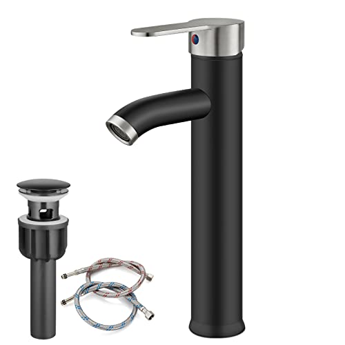 gotonovo Vessel Sink Faucet Modern Bathroom Faucet 1 Hole Deck Mount Lavatory Vanity Single Handle Mixer Tap with Water Supply Hoses and ABS Pop Up Drain Without Overflow, Matte Black