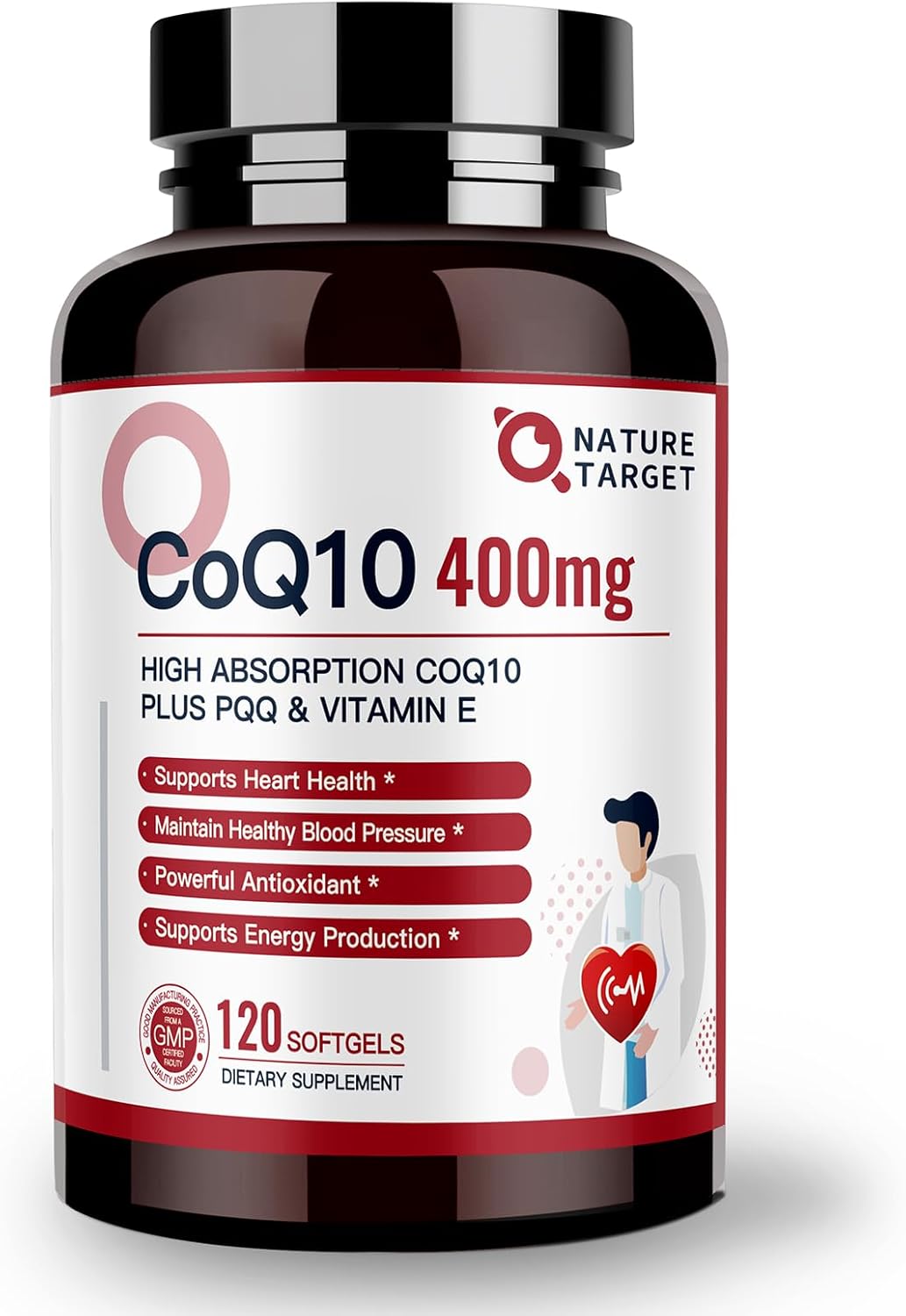 NATURE TARGET CoQ10-400mg Plus PQQ with Vitamin E & Organic Olive Oil - Coenzyme-Q10 with BioPerine - High Absorption Antioxidant-for-Heart-Health and Energy Production,120 Servings