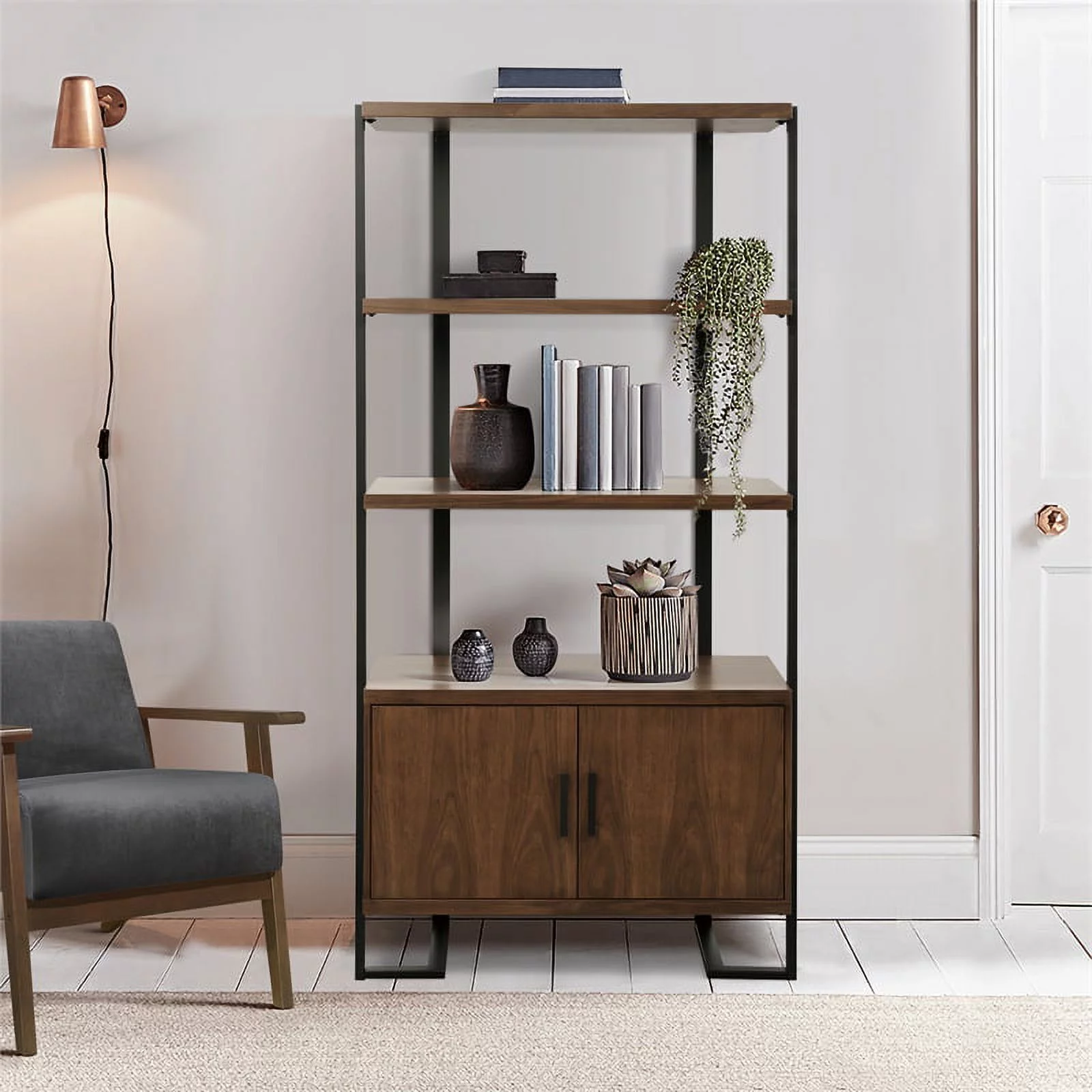 Lexicon Sedley Mid-Century Metal & Wood Bookcase in Walnut/Rustic Black
