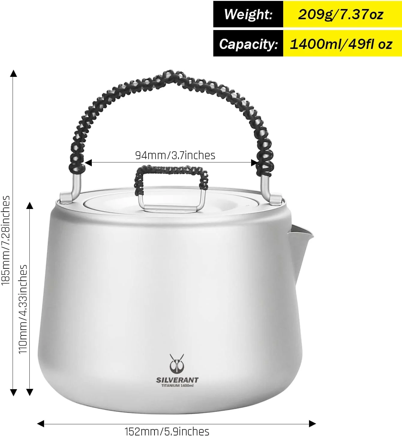 WAGEE Titanium Camping Kettle, Titanium Pot with Lid Folding Bail Handle Camping Coffee & Tea Pot for Outdoor Backpacking Hiking Teapot 1200ml - Sandblasted