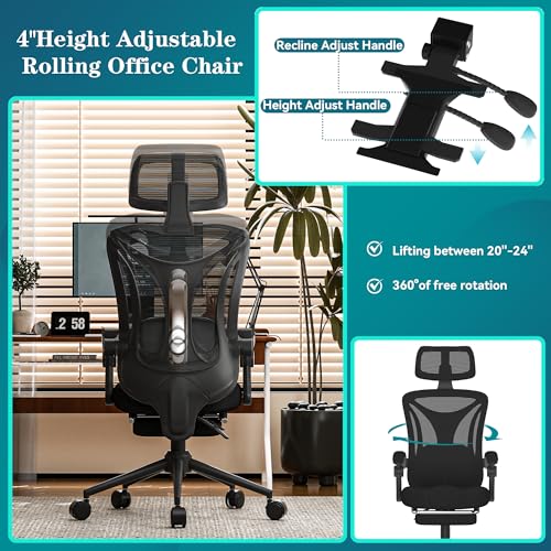 Ergonomic Office Chair - Adjustable Lumbar & Headrest, 90-160° Reclining with Footrest, Breathable Mesh Back - Home Office/Gaming Computer Chair (Black, 300lbs Capacity)