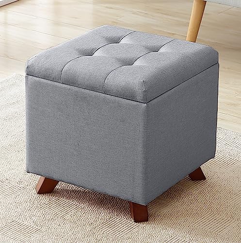 Ornavo Home Linen Tufted Square Storage Ottoman with Lift Off Lid, Ottoman with Storage for Living Room, Bedroom and Office, Gray