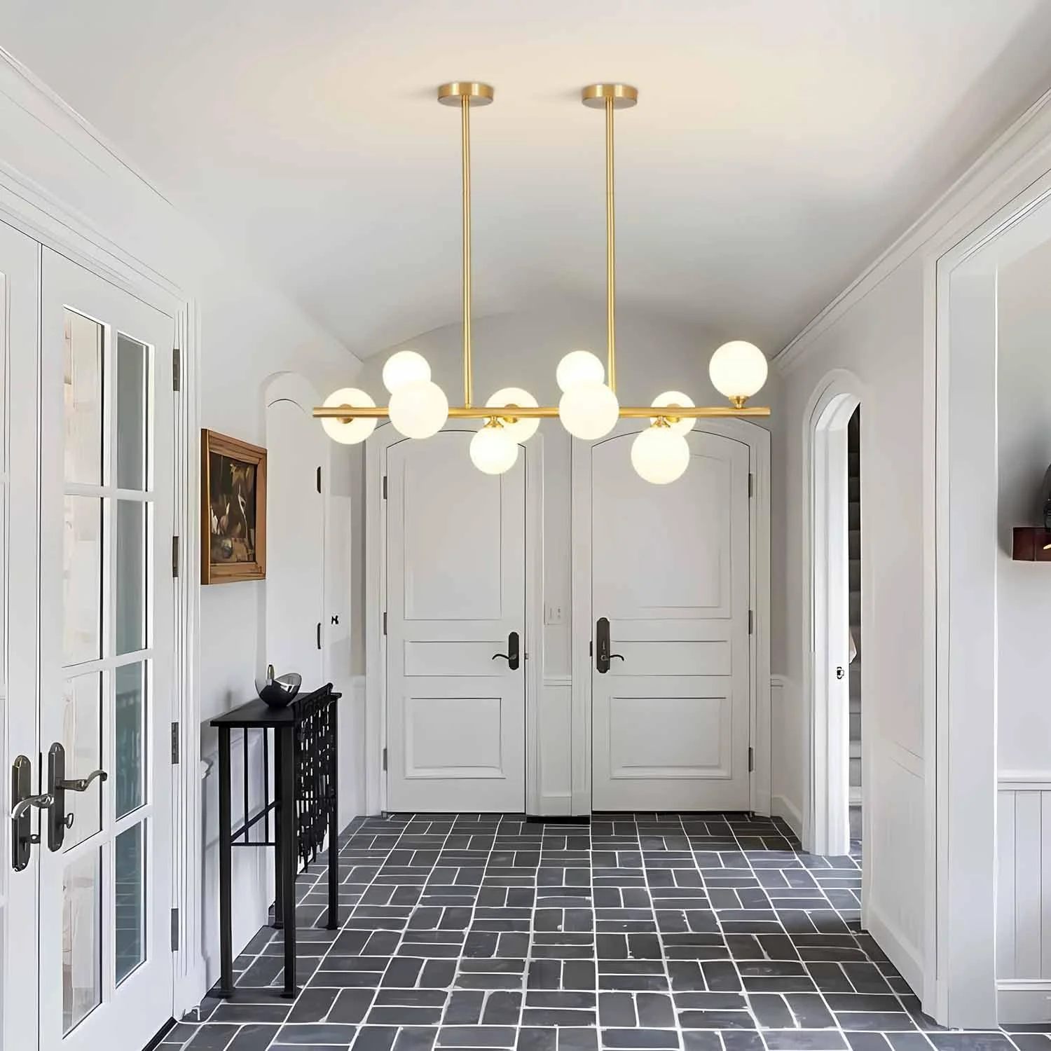 WANHUI Modern Gold Globe Sputnik Chandelier Mid Century Brass Linear Chandelier 10-Lights Frosted White Glass Ball Pendant Light Ceiling Lamp Dining Light Fixture Over Table