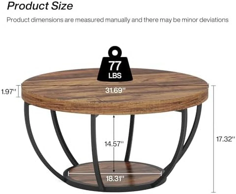 Round Coffee Table  Industrial 2-Tier Circle Coffee Table with  Shelves  JOMA 31.7" Wooden Accent Center Table for Living Room   Office  Rustic Brown