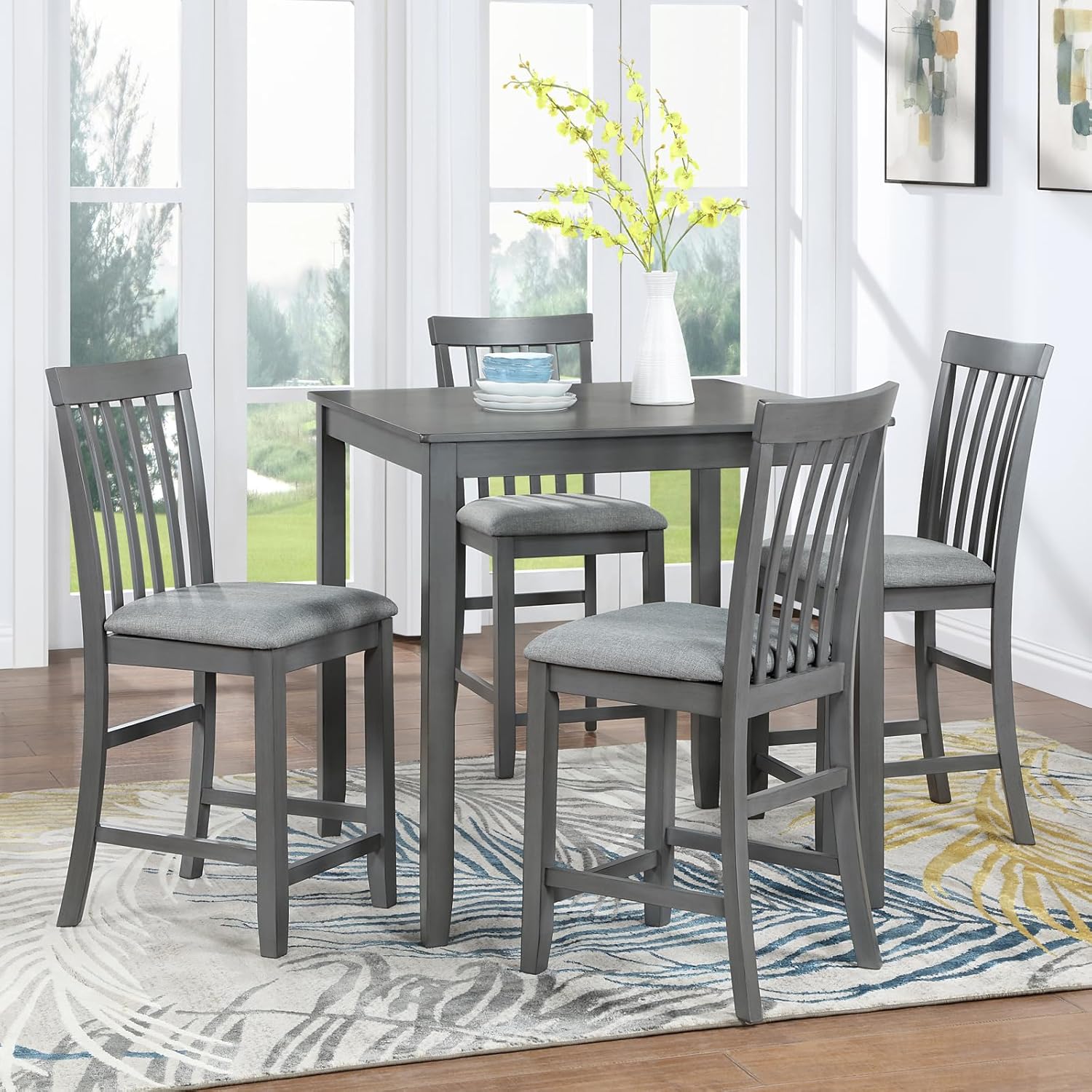 5 Piece Counter Height Dining Table Set for 4, Farmhouse Kitchen Table Set with 4 Vertical Back Upholsterd Chair, Space Saving High Top Table and Chair for Dining room, Kitchen, Pub (Dove Gray)